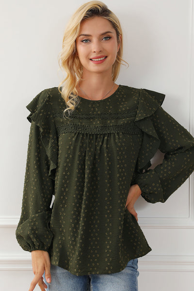 Elegant Women's Blackish Green Lace Blouse with Ruffle Sleeves - Chic Long Sleeve Top for Stylish Casual Outfits