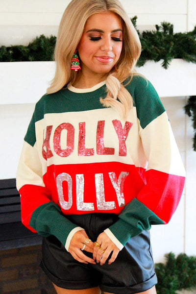 Festive Women's Green Sequined Crew Neck Sweater - HOLLY JOLLY Color Block Design for Style and Cozy Comfort