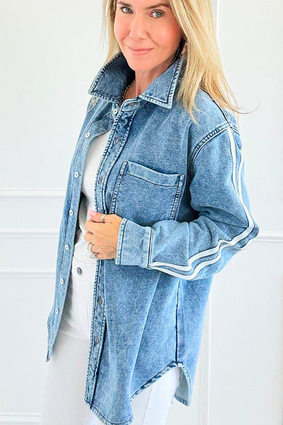 Stylish Women's Casual Blue Denim Jacket with Varsity Striped Sleeves and Button-Down Collar for Trendy Everyday Wear
