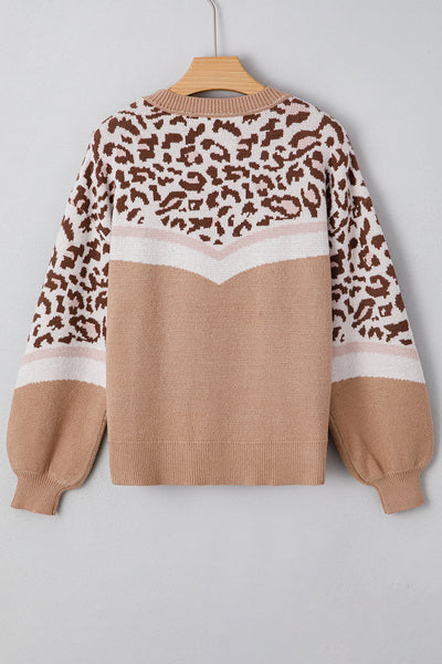 Women's Taupe Leopard Chevron Colorblock Knit Sweater