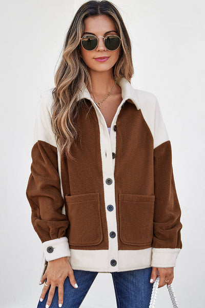 Women's Brown Color Block Fleece Shacket and Button-Down Shirt with practical styling and dependable silhouette control.