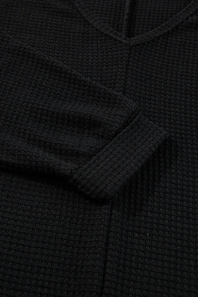 Women's Black Waffle Knit V-Neck Top with Side Slits - Relaxed Fit Casual Tee for Effortless Everyday Style
