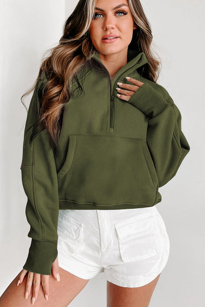 Women's Cozy Green Fleece-Lined Zip-Up Sweatshirt with Stand Collar & Thumbhole Sleeves for Ultimate Comfort