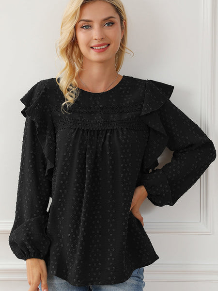 Elegant Black Lace Eyelet Ruffle Sleeve Blouse for Fall