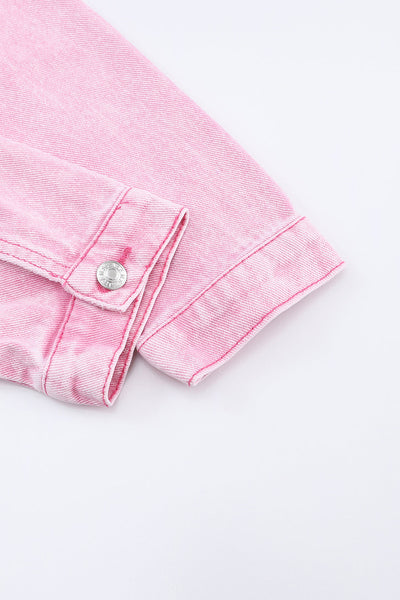 Women's Pink Acid Wash Button Flap Pocket Denim Jacket