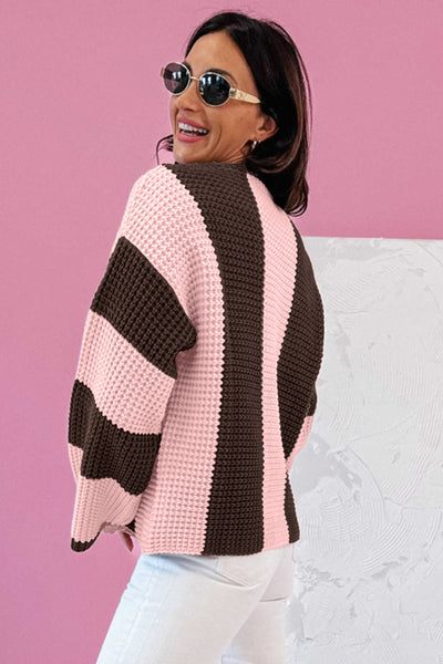 Women's Vertical Stripe Cotton-Blend Thermal Sweater in Chocolate