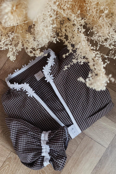 Trendy Women's Brown Plaid Blouse with Lace Collar and Ruffled Sleeves - Chic and Stylish Casual Top