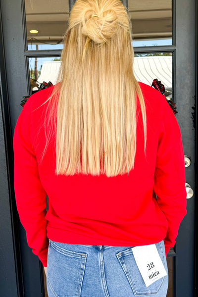 Trendy Plus Size Fiery Red Plaid Sweatshirt with Bow Detail and Drop Shoulder for Fashionable Women
