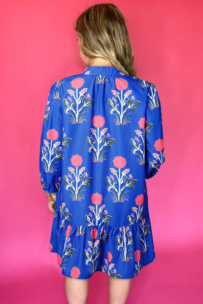 Women's Blue Floral Ruffle Hem Dress with Button Detail & 3/4 Puff Sleeves - Perfect for Spring & Summer Events