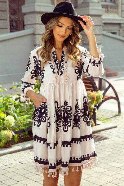 Beige Tasseled Notch V-Neck Mini Dress for Women - Chic Western-Inspired Summer Style with Trendy Print