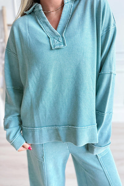 Women's Soft Blue Lapis Mineral Wash V-Neck Pullover & Drawstring Pants Set - Casual Ribbed Patchwork Outfit