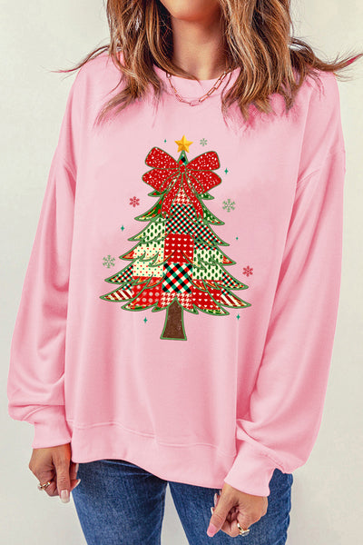 Women's Pink Patchwork Christmas Tree Drop Shoulder Sweatshirt