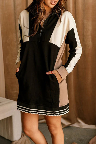 Women's Stylish Black Color Block Long Sleeve Mini Dress with Quarter Zip Comfy Fit for Casual Outings and Events