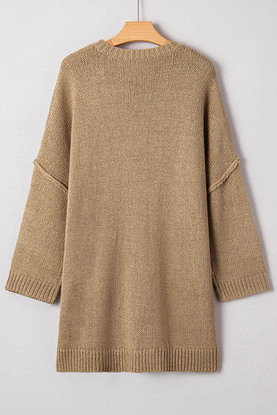 Women's Pale Khaki Oversized Knit Sweater Dress with Exposed Seams