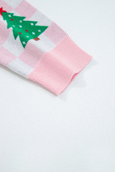 Cozy Women's Pink Checkered V-Neck Cardigan Sweater for Festive Holiday Outfits and Christmas Cheer