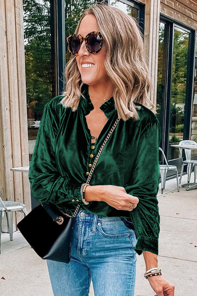 Elegant Forest Green Velvet Frilled Stand Collar Top