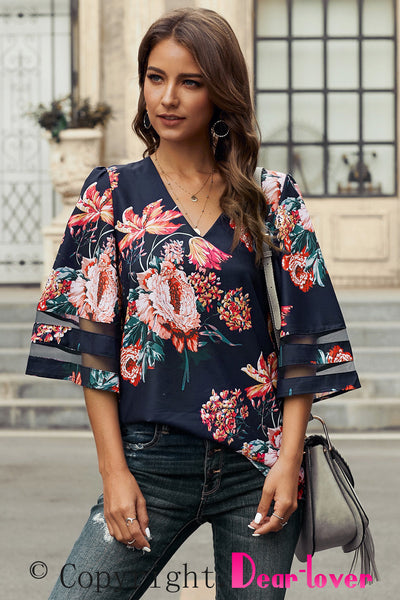 Long Sleeve Flower Print Lapel Shirt