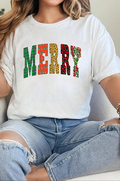 Women's MERRY Mixed-Pattern Graphic Christmas Tee for Women