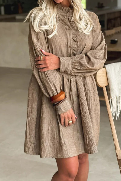 Chic Women's Long Sleeve Khaki Stripe Mini Shirt Dress with Frilled Trim and Button Front for Effortless Style