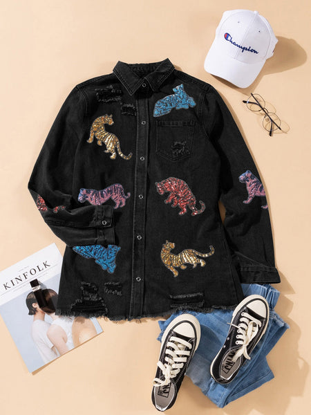 Women's Trendy Black Sequin Tiger Print Distressed Denim Jacket