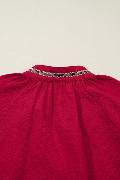 Women's Racing Red Leopard Trim V-Neck Blouse in Textured Crepe