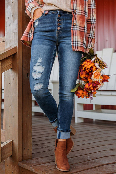 Retro Rolled Hem Single-Breasted Closure Straight Loose Casual Jeans