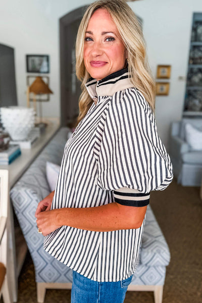 Trendy Women's Black and White Stripe Half Zip Blouse with Puff Sleeves - Chic Patchwork Top for Casual Outfits