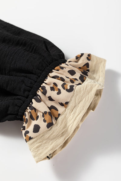 Women's Stylish Women's Black Leopard Print Blouse with Polo Collar, Ruffled Long Sleeves, and Button Front for Trendy Looks