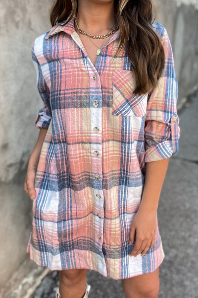 Stylish Women's Pink Plaid Shirt Dress with Roll-Tab Sleeves & Side Slits - Perfect for Casual Outings & Everyday Wear