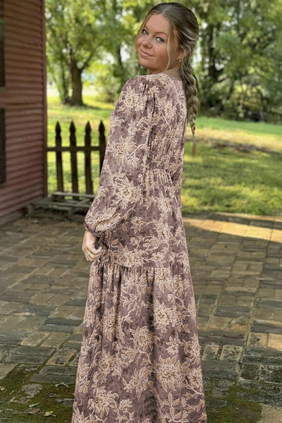 Women's Vintage Floral Smocked Maxi Dress in Cocoa and Cream with practical styling and dependable silhouette control.