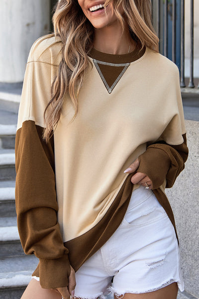 Women's Apricot Color Block Sweatshirt with Thumbhole Sleeves & Drop Shoulder for Stylish Casual Comfort