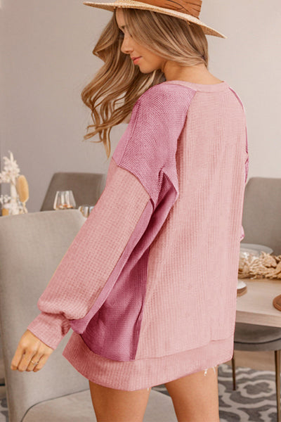 Cozy Women's Apricot Pink Color Block Waffle Sweatshirt with High-Low Hem & Raglan Sleeves for Casual Everyday Style