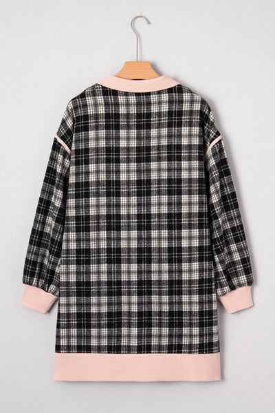 Women's Black Plaid Zip-Front Mini Dress with Pink Contrast Trim