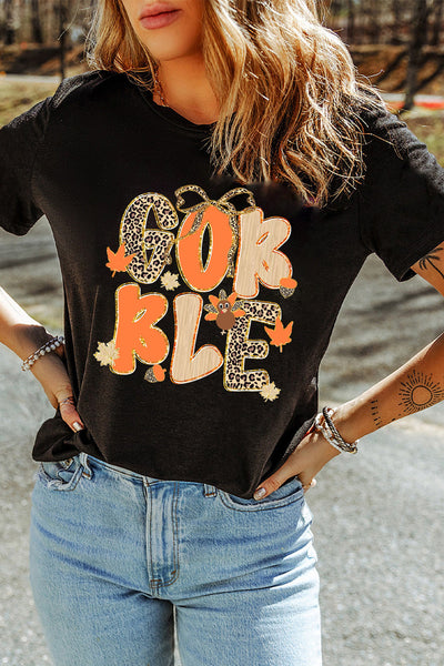 Women's Black Gobble Leopard Print Holiday Graphic Tee