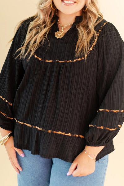 Chic Plus Size Women's Black Blouse with Leopard Trim, Split Neck, Long Puff Sleeves, and Pleated Detail
