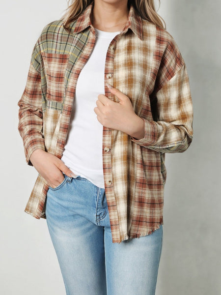 Rustic Brown Patchwork Plaid Shacket with Raw Edge Finishing