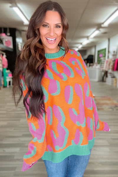 Women's Stylish Orange Leopard Colorblock Sweater - Cozy Knit Top with Ribbed Edges for Trendy Fall Fashion