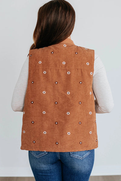 Stylish Women's Gold Flame Corduroy Zipped Vest with Floral Embroidery - Perfect Layering Essential for Every Season