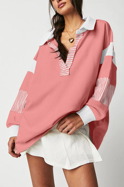 Trendy Women's Casual Striped Colorblock Sweatshirt with Collar - Cozy Everyday Style for Effortless Fashion