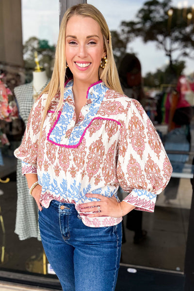 Women's Pink Abstract Floral Blouse with 3/4 Puff Sleeves, Button Front, and Collared Design for Effortless Style