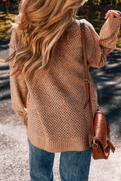 Cozy Casual Women's Dark Brown Loose-Fit Eyelet V-Neck Sweater with Drop Shoulders for Effortless Style
