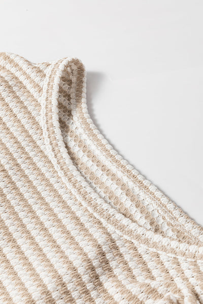 Women's Casual Khaki Stripe Long Sleeve Drop Shoulder Tunic - Effortless Round Neck Top for Everyday Style