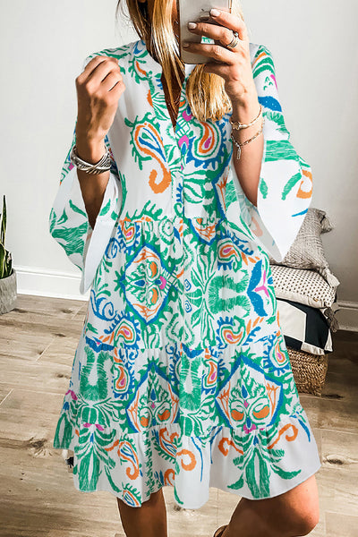 Women's Boho Chic Green Tribal Print Mini Dress with Button Details & Bracelet Sleeves - Perfect for Summer Outings