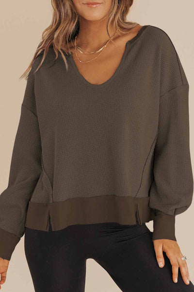 Women's Espresso Waffle Knit V-Neck Pullover with Drop Shoulders