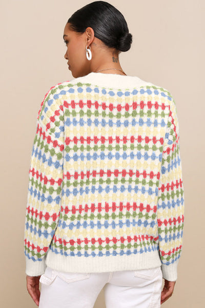 Women's Cozy White Polka Dot Knit Cardigan Sweater with Button Front & V-Neck - Casual Chic for All Seasons