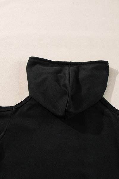 Trendy Women's Black Cold Shoulder Hoodie with Exposed Seams & Adjustable Drawstring for Casual Chic Comfort