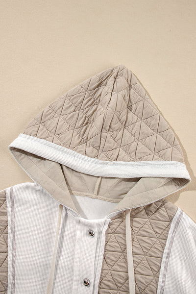 Women's Beige Quilted Hooded Jacket with Textured Patchwork Stylish Loose Fit for Cozy Comfort