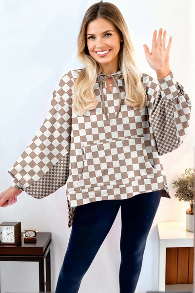 Stylish Women's Khaki Oversized Hoodie with Checkered Patchwork & Tie Neck for Effortless Casual Chic