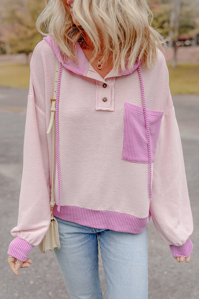 Casual Light Pink Colorblock Hooded Sweatshirt for Women with Drawstring and Patch Pockets Trendy Everyday Wear