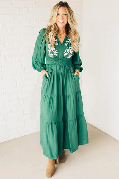 Women's Embroidered Sea Green Tiered Maxi Dress with Smocked Waist